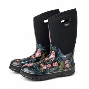 Bogs Winter Boots Sz 9 Black Floral Waterproof Insulated Snow Rain Mud Outdoor